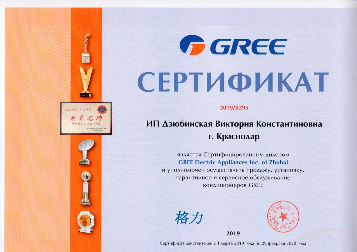 Сертификат Gree ИП Дзюбинская 2019
